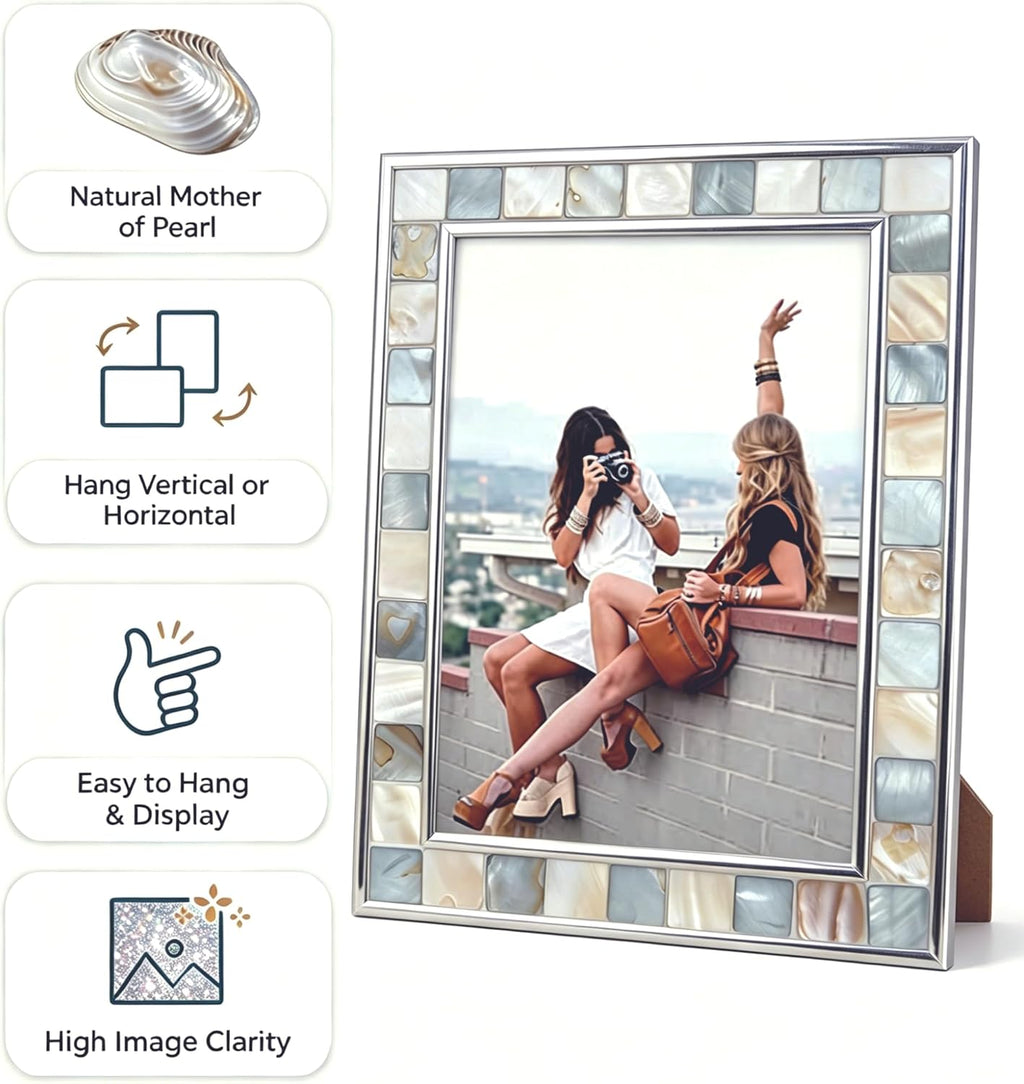 Silver Plate Grey Picture Frame 6X8 Mother of Pearl Wall Frame 6By8 Wedding Photo Frame Mosaic Glass Tabletop Picture Frame (Grey+ White,1Pc)